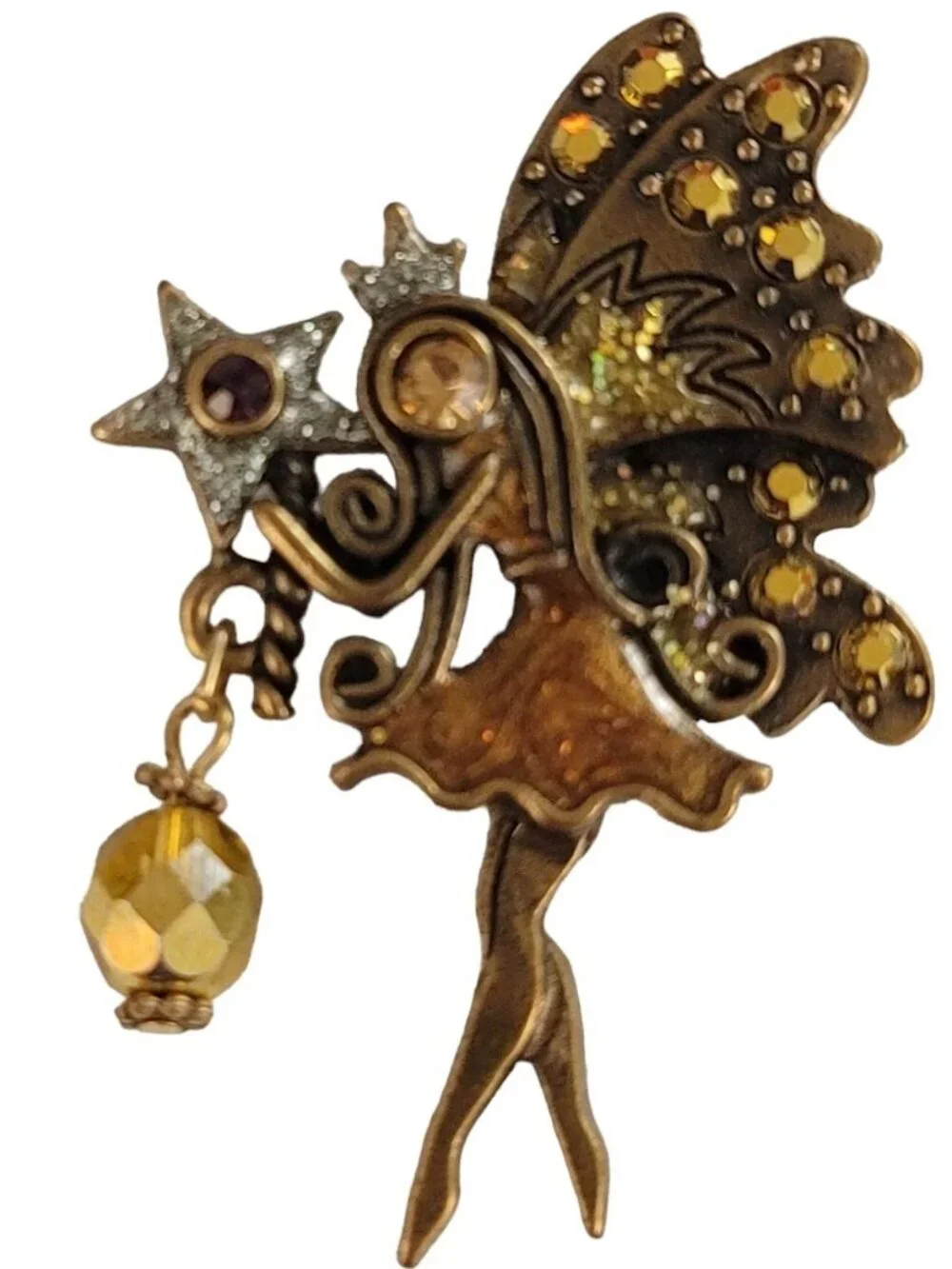Gold Rhinestone Enamel Star Wand Dangle Fairy Brooch Pin K929